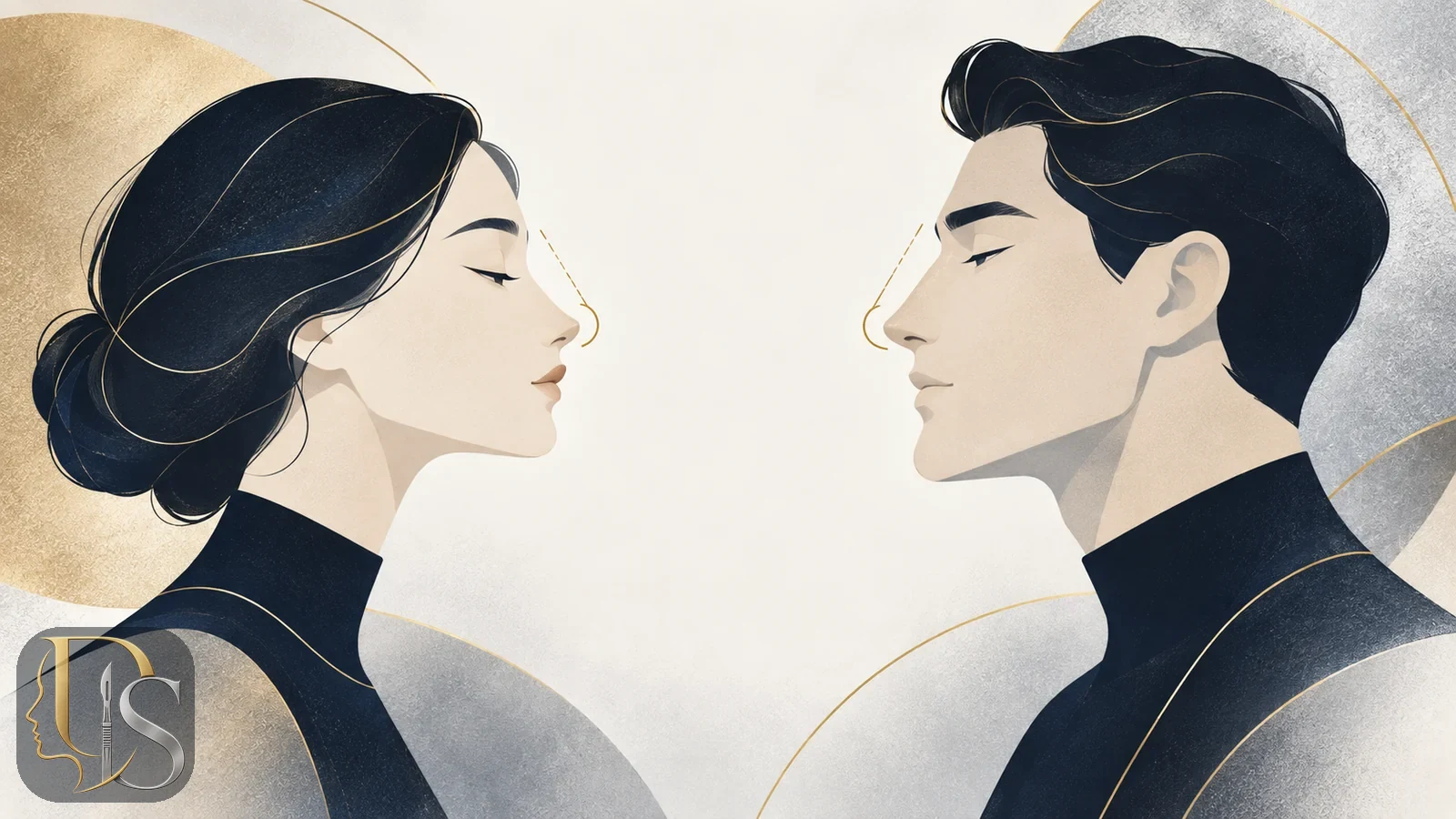 Illustration comparing the goal of aquiline nose correction in a female and a male profile