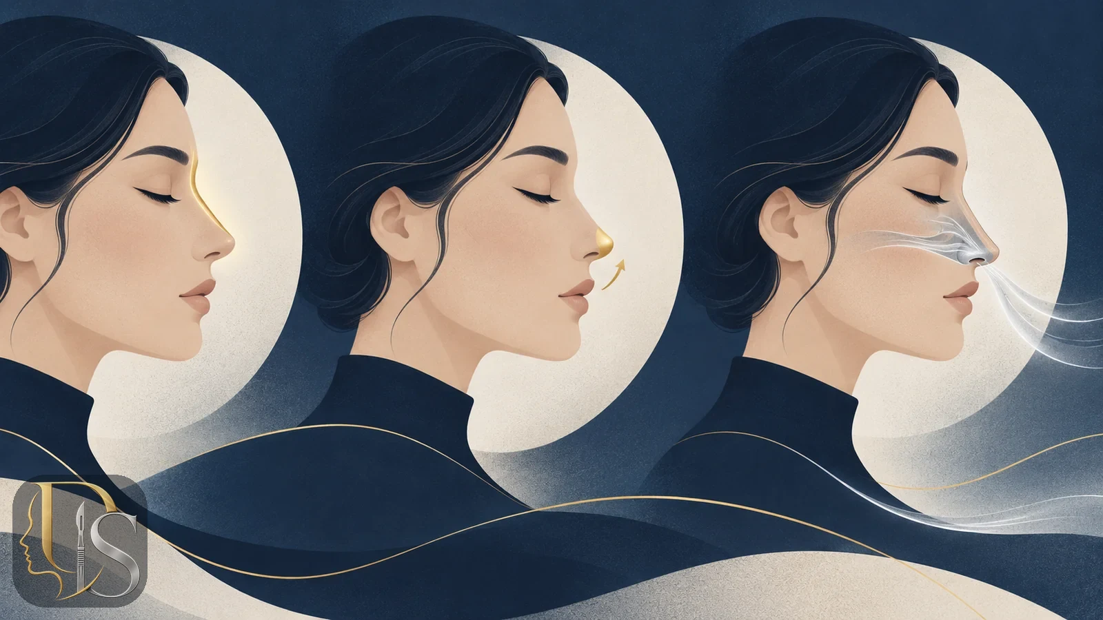 Illustration of the stages of aquiline nose correction: bridge, tip and airway