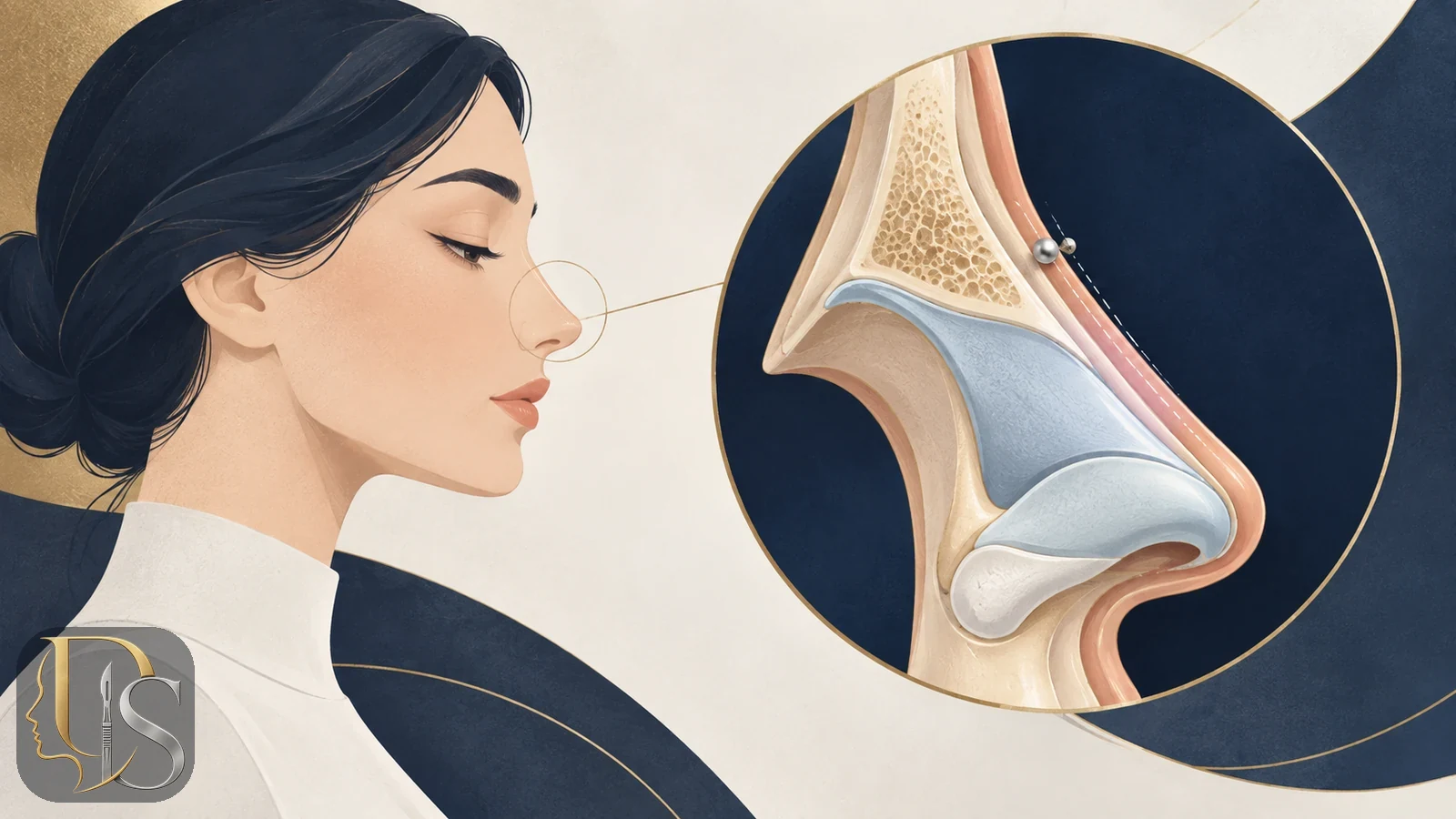نمای انتزاعی مقطع بینی با لایه‌های پوست و غضروف و استخوان و علامت محدودیت