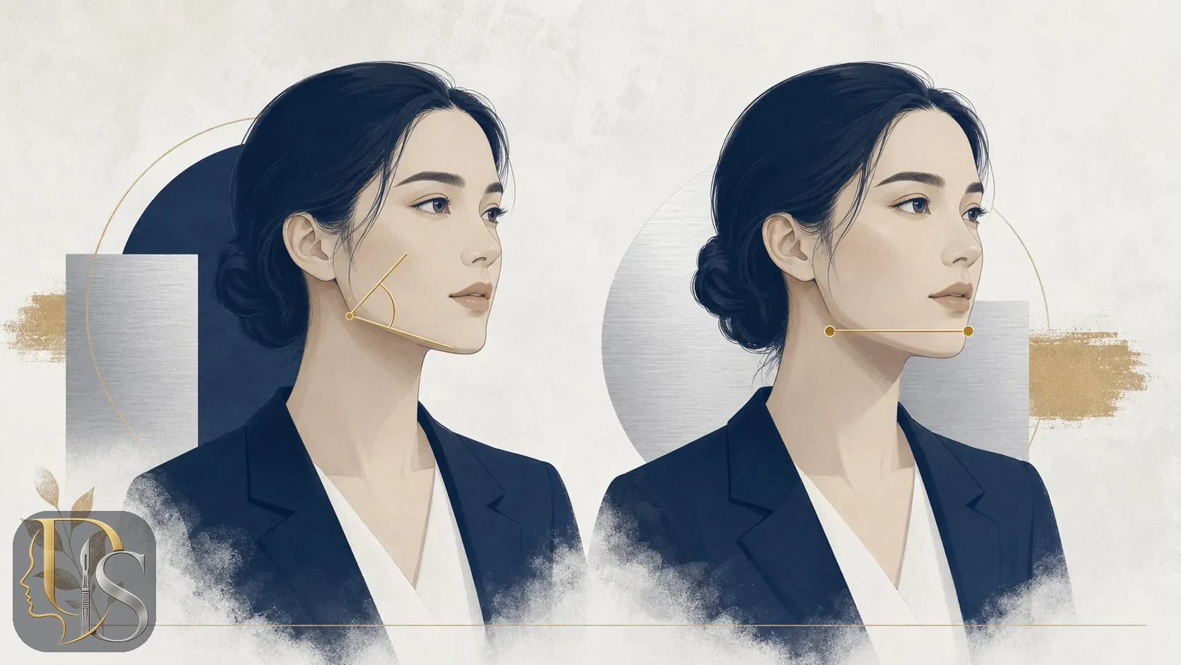 Abstract illustration of a square face with guide lines marking jaw angle and jaw width
