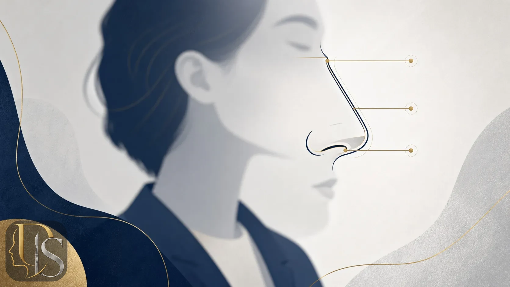 Abstract illustration of a nose profile with golden guide lines marking radix, bridge, and tip for a wide jaw