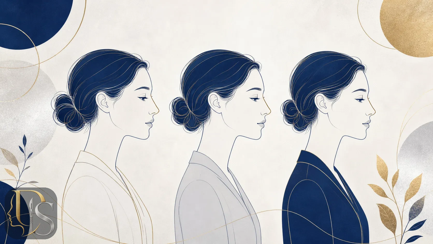Abstract illustration comparing three nose profiles — natural, semi-fantasy, and fantasy — for a wide jaw