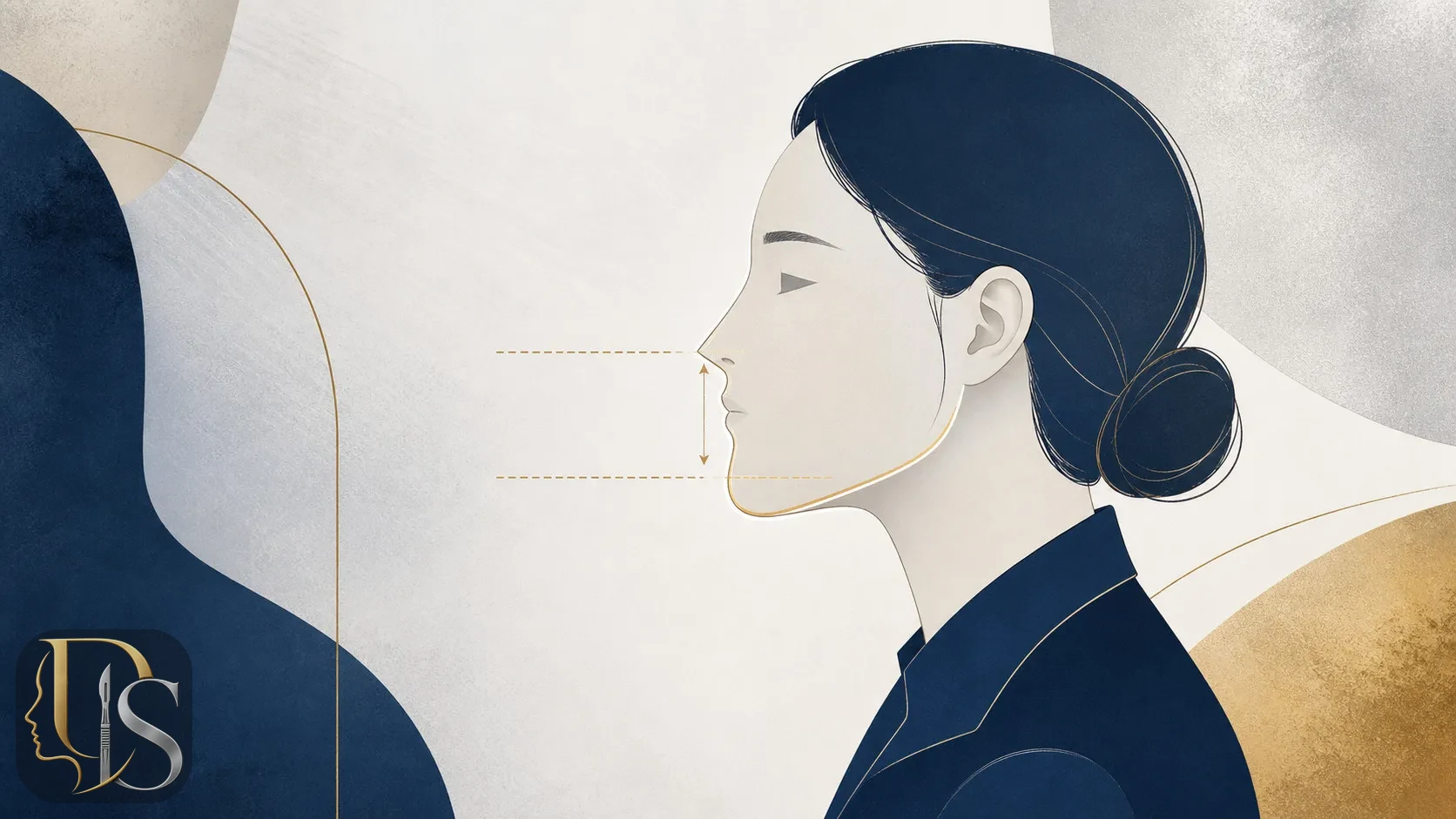 Abstract illustration of a very small nose next to a wide jaw with warning-style guide lines