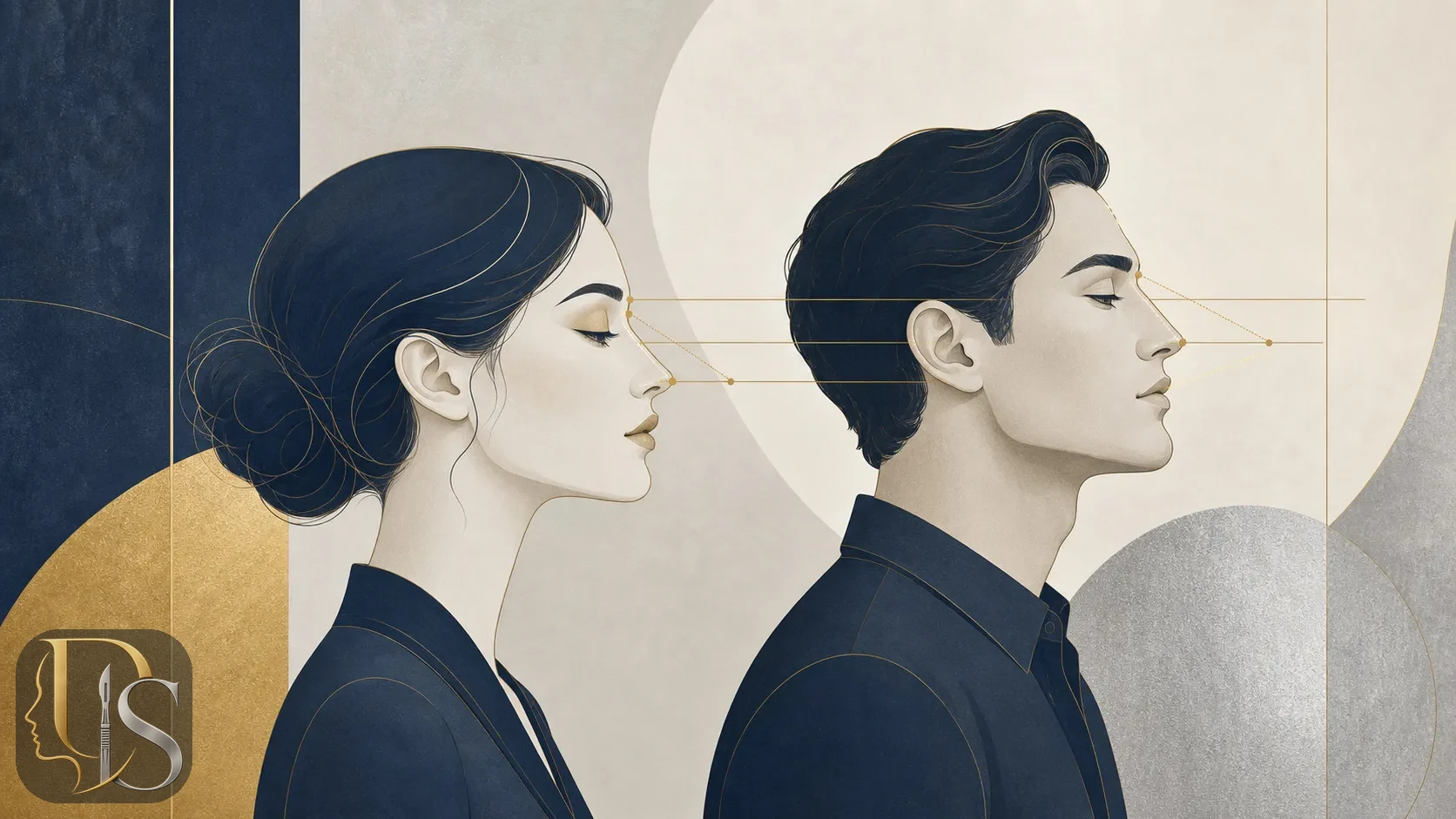 Abstract illustration of a feminine and a masculine nose profile side by side for a wide jaw