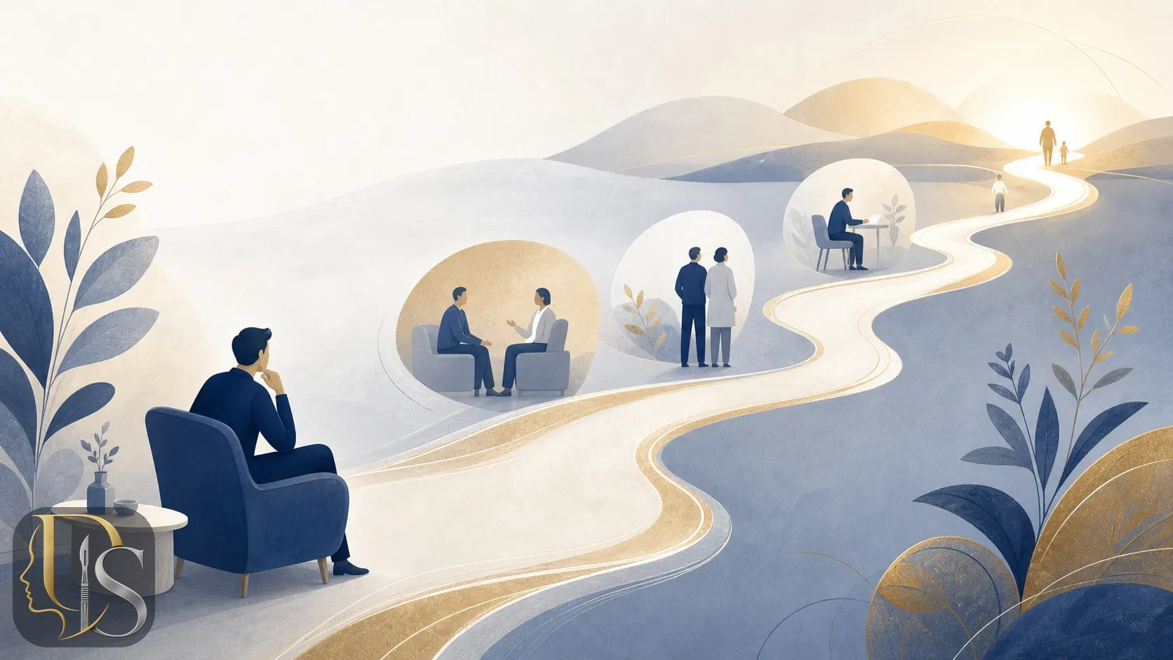 Woman consulting with a doctor about the breast implant decision, abstract illustration