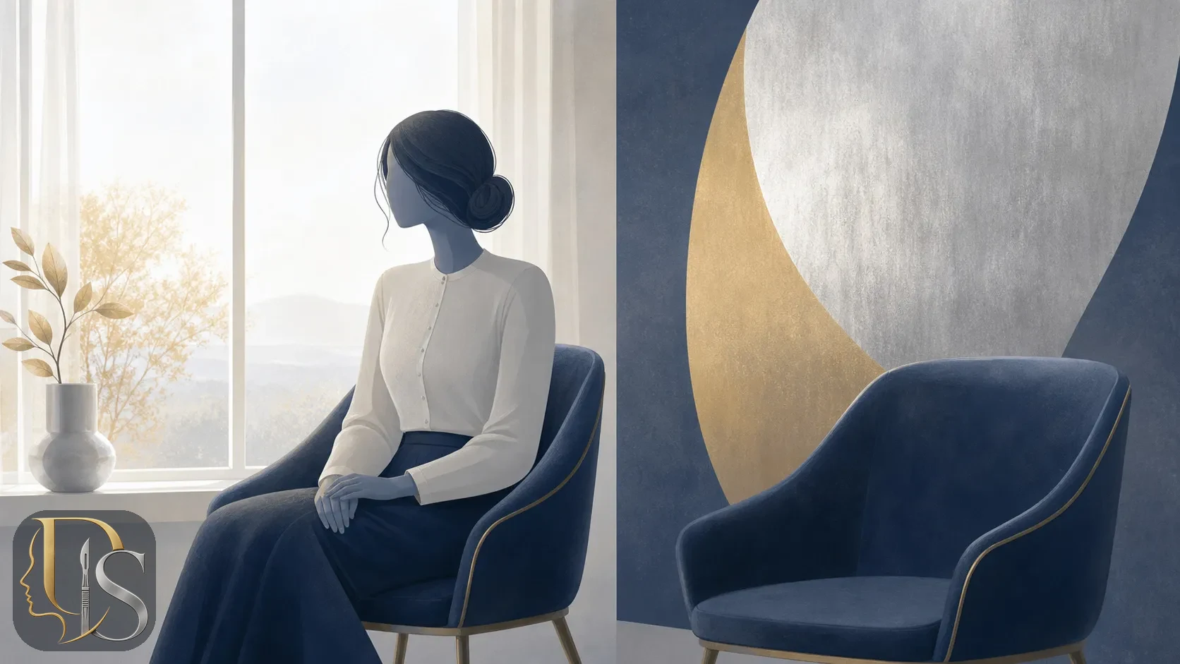 Woman quietly weighing the breast implant decision in a calm setting, abstract illustration