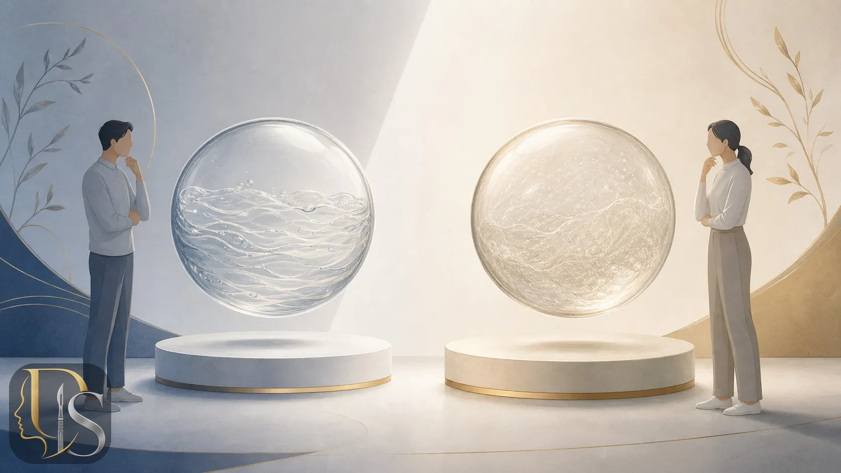 Conceptual illustration comparing silicone and saline breast implants