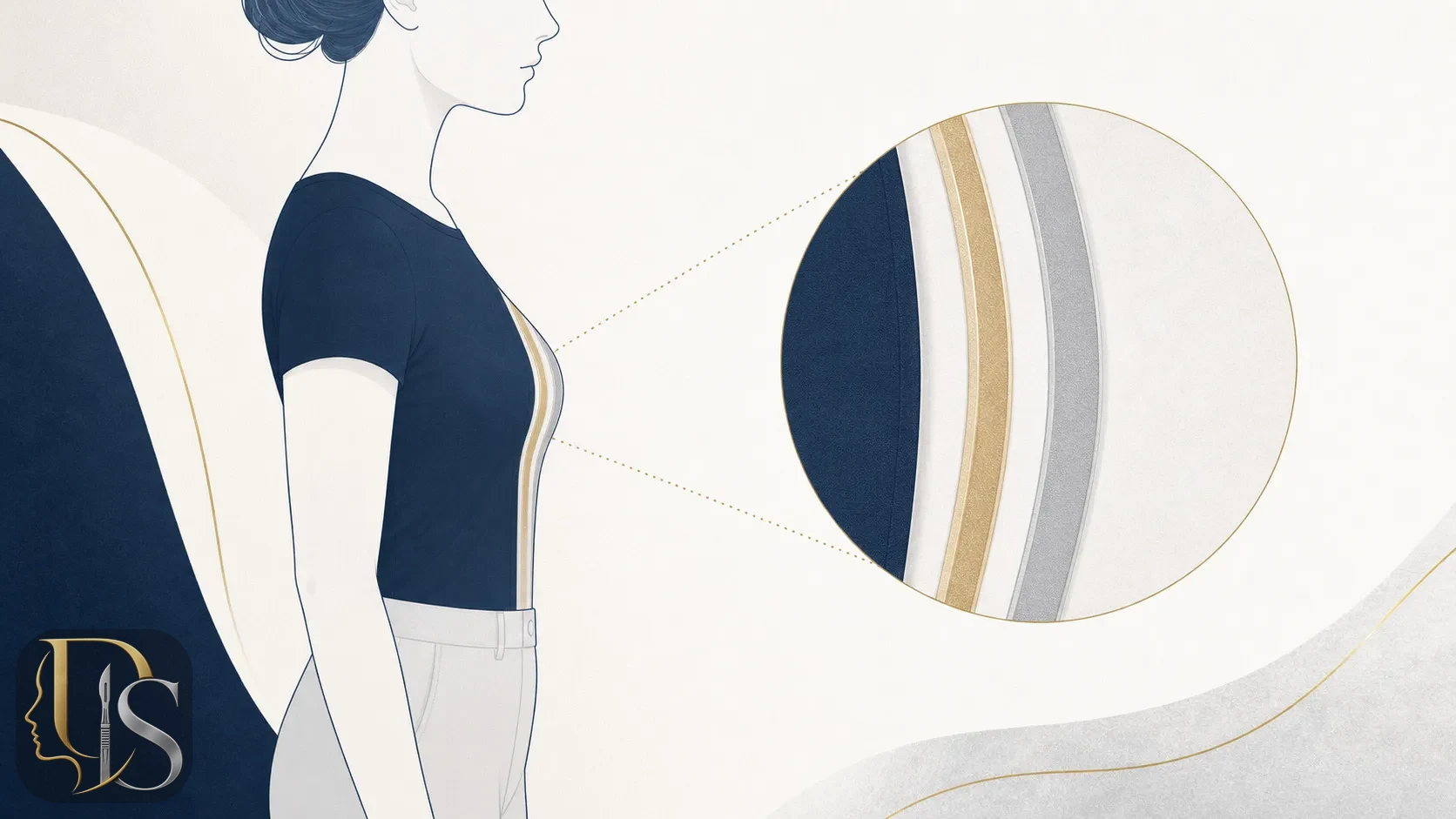 Abstract illustration of two breast implant placement positions relative to the chest muscle