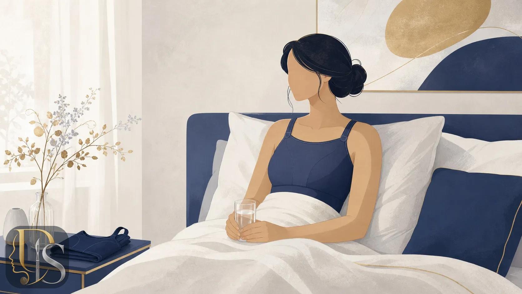 Person resting in a surgical bra after breast implant surgery, abstract illustration