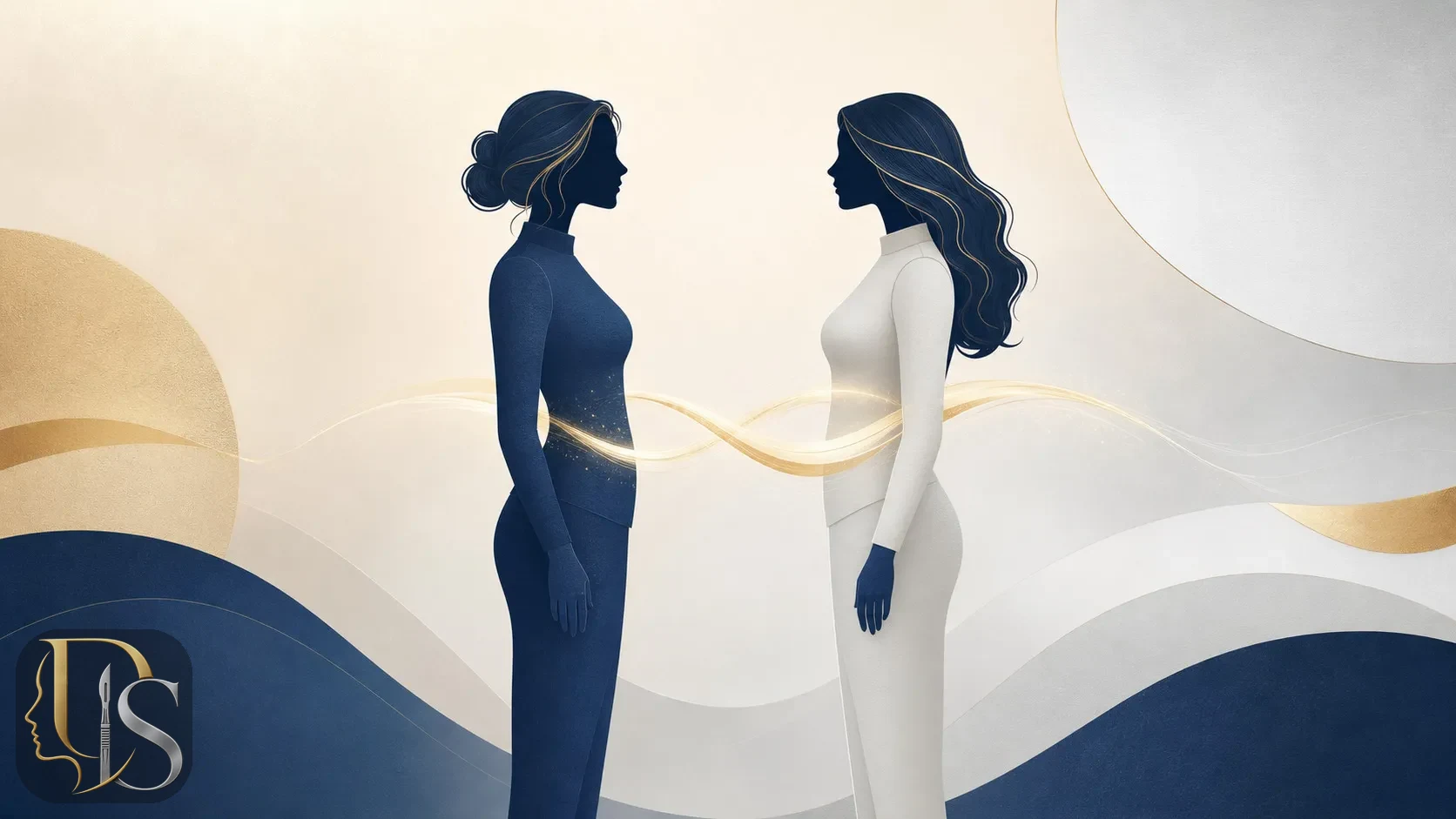 Two abstract illustrations side by side suggesting body and breast harmony, no real body shown