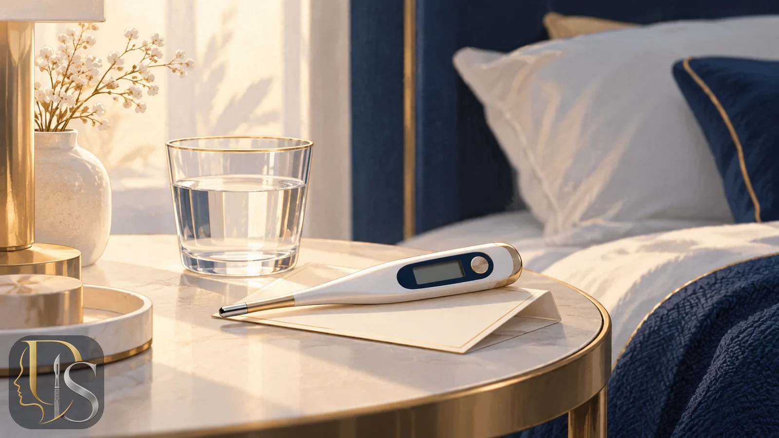Thermometer beside a calm post-rhinoplasty recovery care card