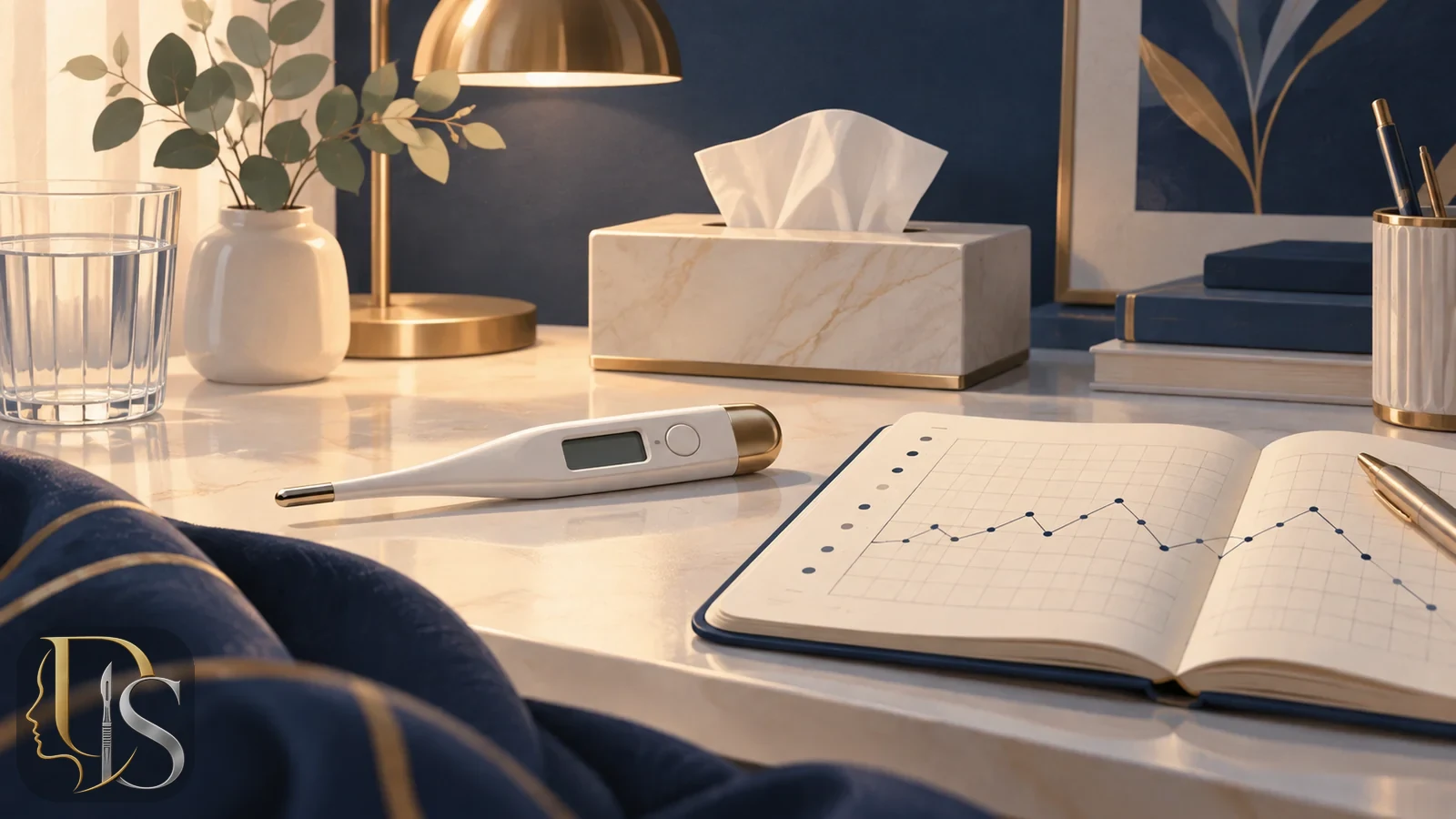 Digital thermometer next to a temperature-tracking note