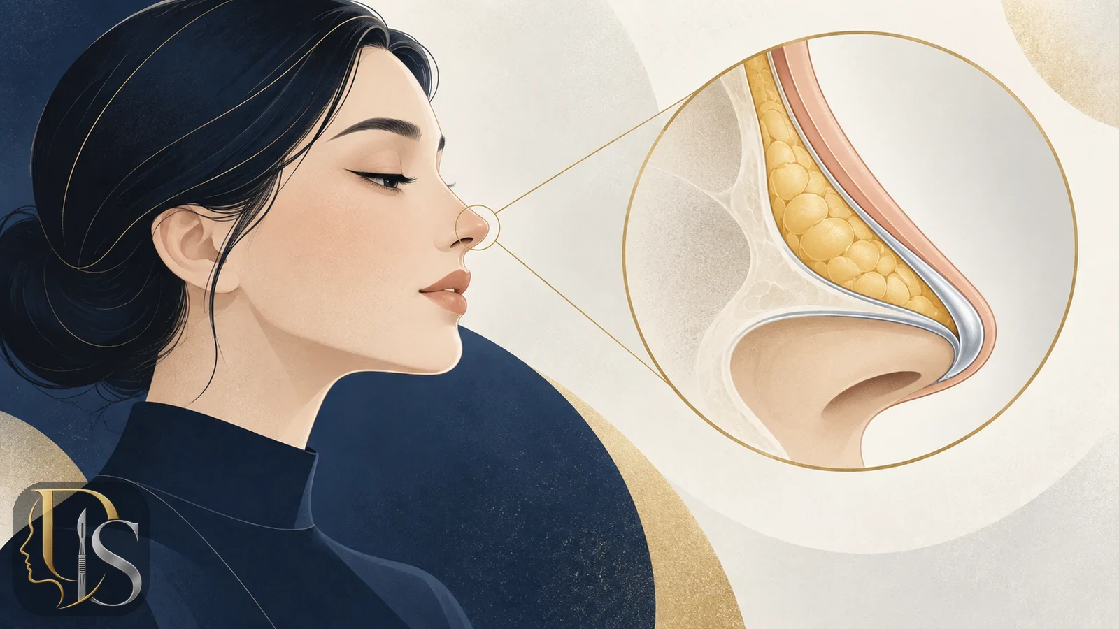 نمای انتزاعی مقطع بینی با پوست ضخیم، لایه‌ی چربی و غضروف نازک