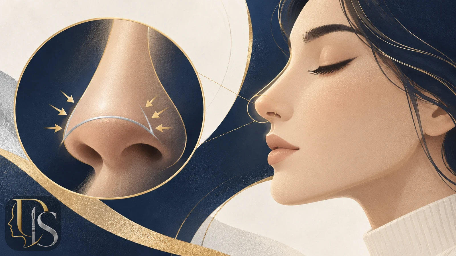نمای انتزاعی نوک بینی ضخیم با فلش‌هایی که حد مجاز کوچک‌سازی را نشان می‌دهد