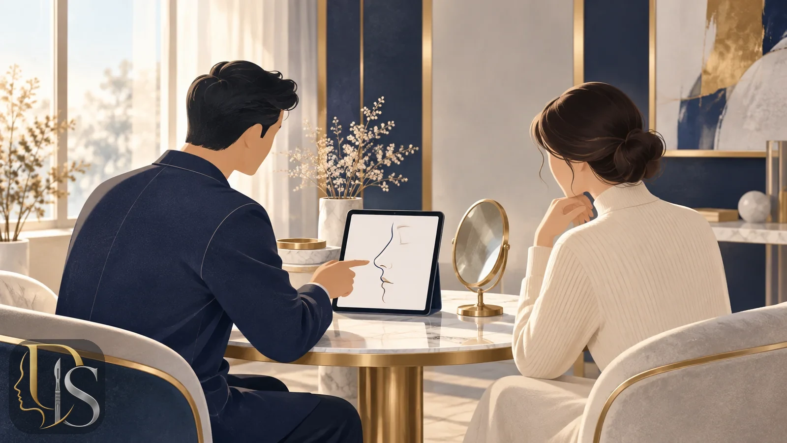 Illustration of a consultation about whether to operate on a Roman nose